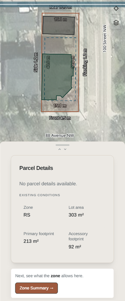 Site Conditions: The parcel, the setbacks, and the buildable envelope, drawn from city data in seconds.