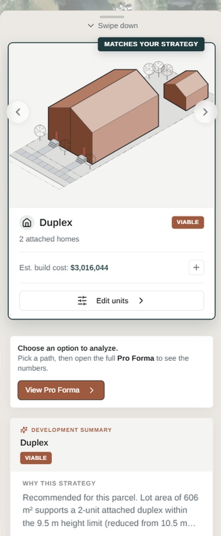 Development Scenarios: Every viable path for the lot, each with an estimated build cost.