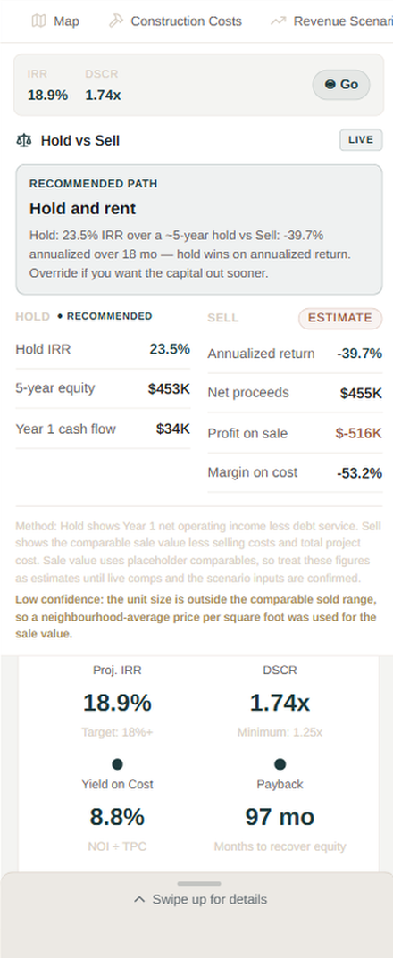 Pro Forma: The numbers that decide: IRR, DSCR, yield on cost, and payback.